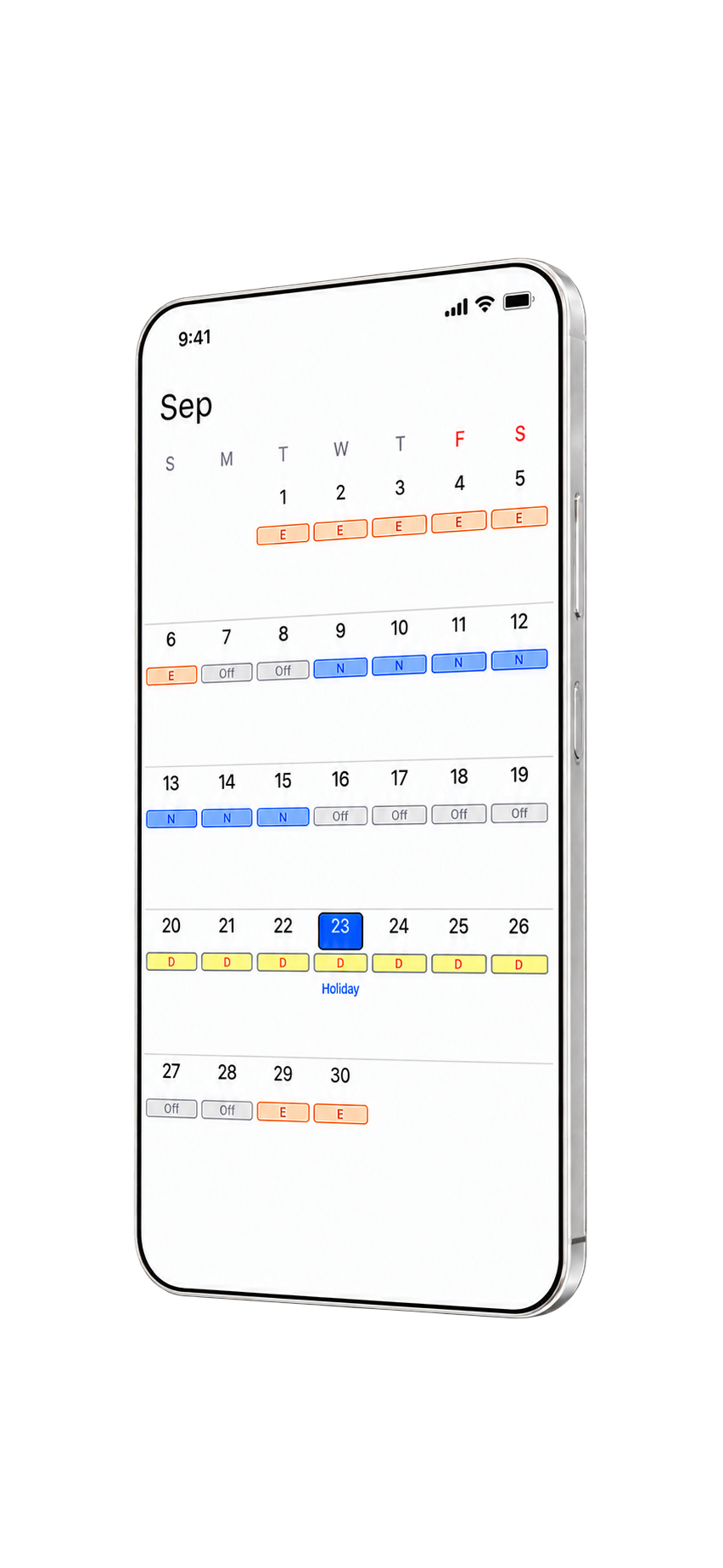 ZAM Calendar showing a full month of color-coded work shifts and days off